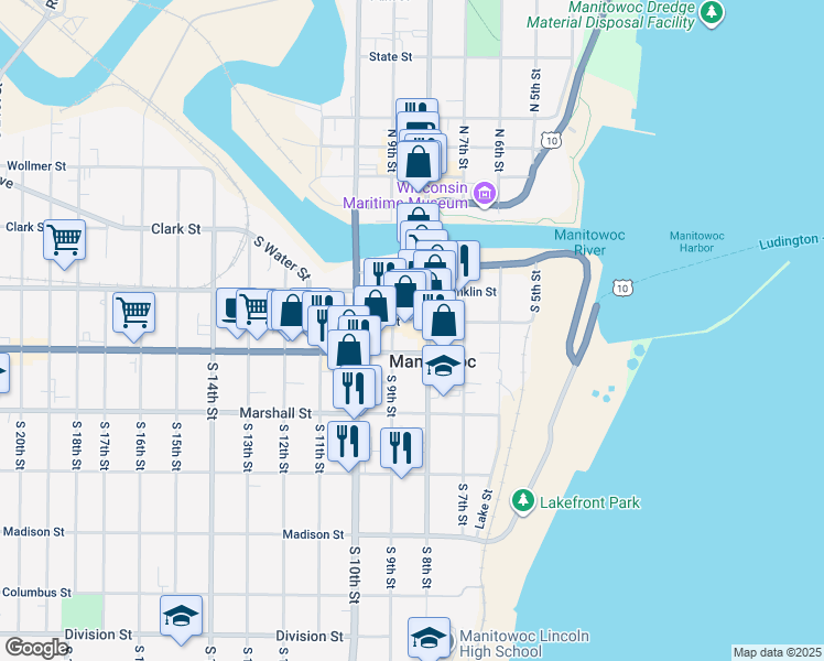 map of restaurants, bars, coffee shops, grocery stores, and more near 823 Jay St in Manitowoc