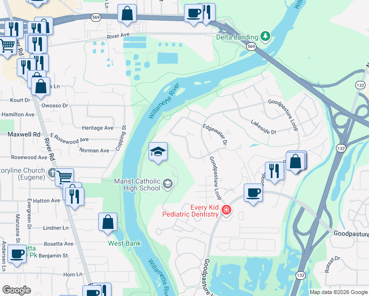 map of restaurants, bars, coffee shops, grocery stores, and more near 2668 Riverwalk Loop in Eugene