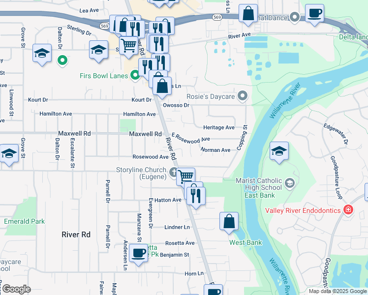 map of restaurants, bars, coffee shops, grocery stores, and more near 1657 River Road in Eugene