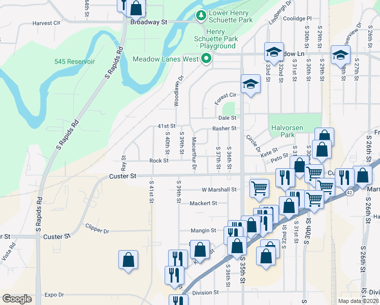 map of restaurants, bars, coffee shops, grocery stores, and more near 936 Macarthur Drive in Manitowoc