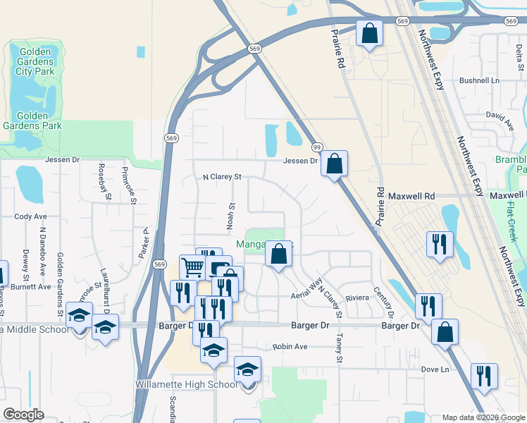 map of restaurants, bars, coffee shops, grocery stores, and more near Mangan Street in Eugene