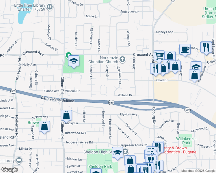 map of restaurants, bars, coffee shops, grocery stores, and more near 2329 Willona Park in Eugene