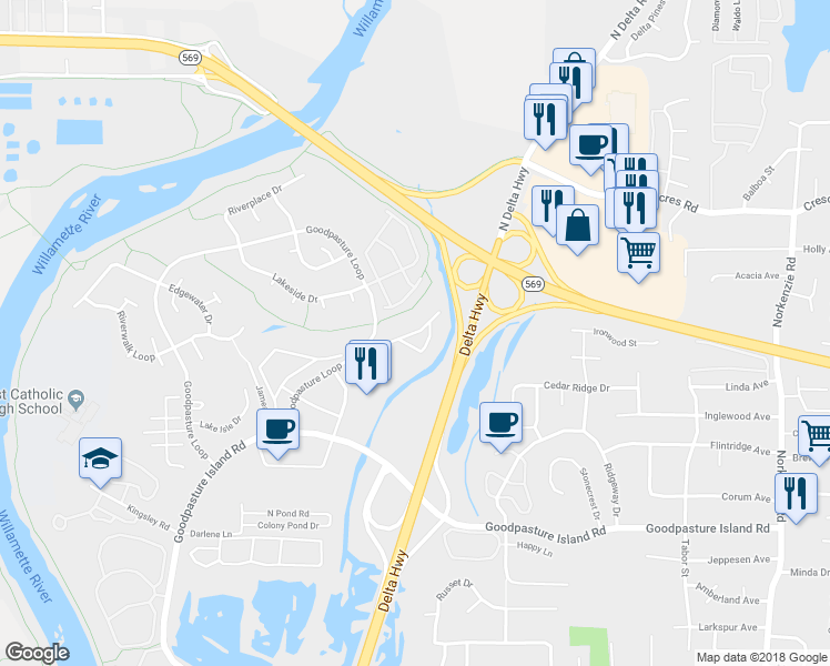 map of restaurants, bars, coffee shops, grocery stores, and more near 4300 Goodpasture Loop in Eugene