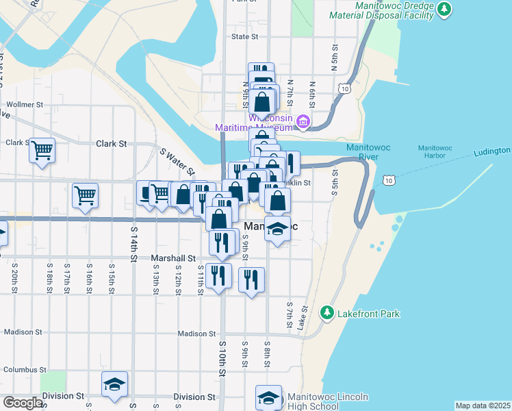 map of restaurants, bars, coffee shops, grocery stores, and more near 823 Jay St in Manitowoc
