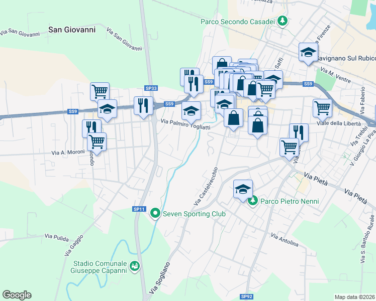 map of restaurants, bars, coffee shops, grocery stores, and more near 5 Via Palmiro Togliatti in Savignano Sul Rubicone
