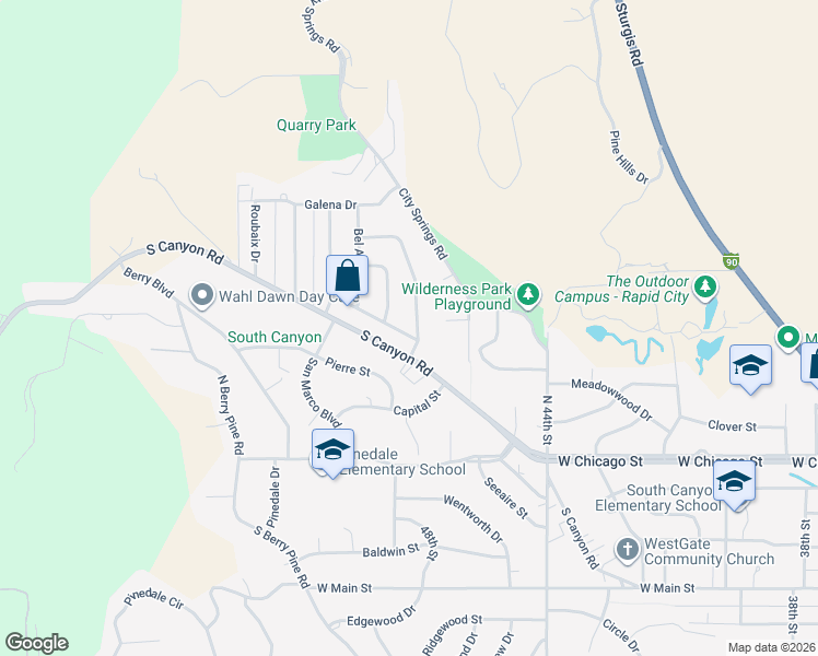 map of restaurants, bars, coffee shops, grocery stores, and more near 4706 Windsor Drive in Rapid City