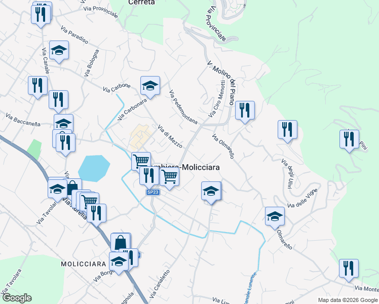 map of restaurants, bars, coffee shops, grocery stores, and more near 9 Via di Mezzo in Colombiera-molicciara