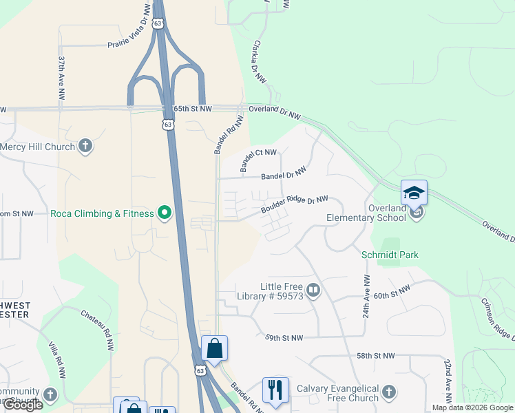 map of restaurants, bars, coffee shops, grocery stores, and more near 6285 29th Avenue Northwest in Rochester