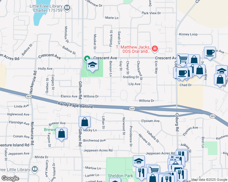 map of restaurants, bars, coffee shops, grocery stores, and more near 2427 Benson Lane in Eugene