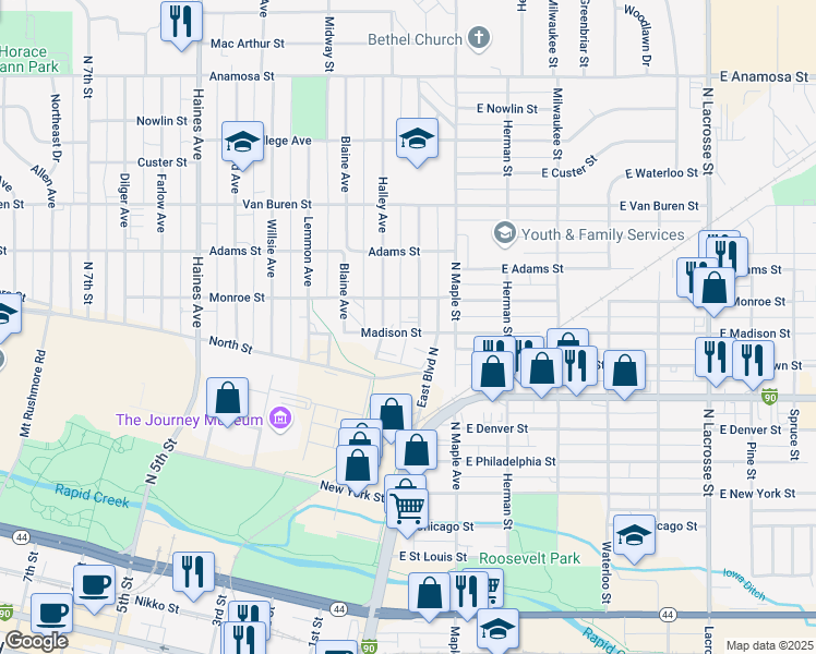 map of restaurants, bars, coffee shops, grocery stores, and more near 637 Holcomb Avenue in Rapid City