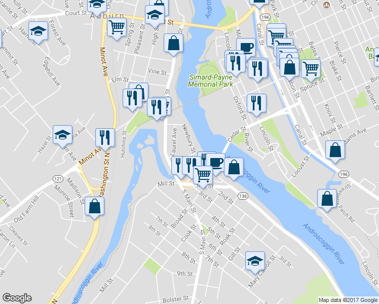 map of restaurants, bars, coffee shops, grocery stores, and more near 97 Newbury Street in Auburn