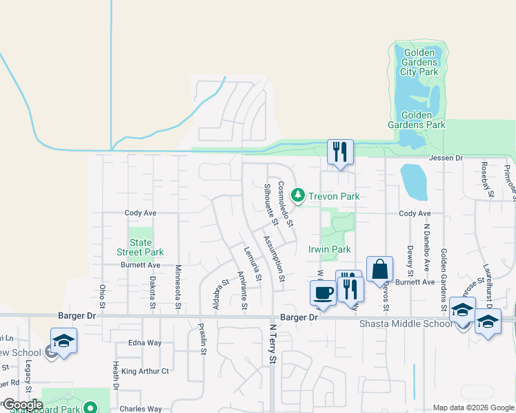 map of restaurants, bars, coffee shops, grocery stores, and more near 2168 Silhouette Street in Eugene