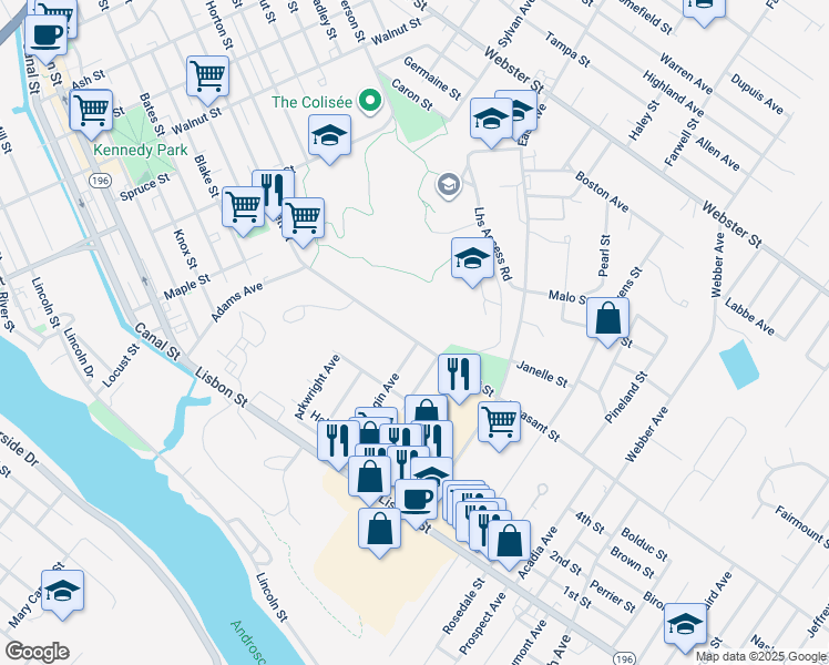 map of restaurants, bars, coffee shops, grocery stores, and more near 360 Bartlett Street in Lewiston