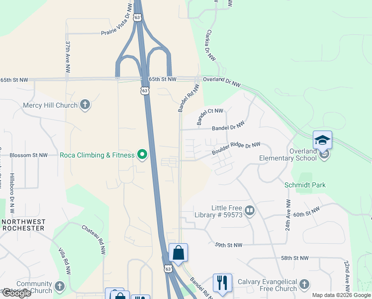 map of restaurants, bars, coffee shops, grocery stores, and more near 6355 30th Avenue Northwest in Rochester