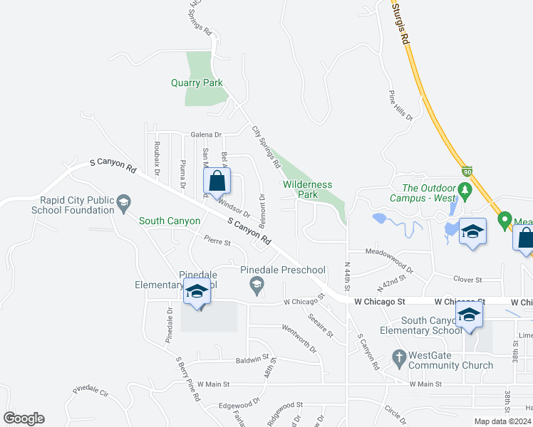 map of restaurants, bars, coffee shops, grocery stores, and more near 502 Belmont Drive in Rapid City
