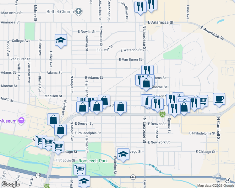 map of restaurants, bars, coffee shops, grocery stores, and more near 318 East Madison Street in Rapid City