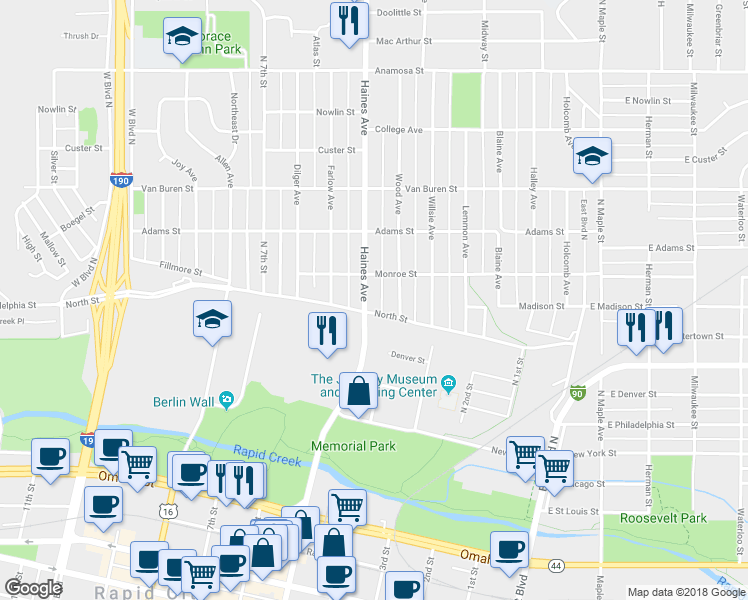 map of restaurants, bars, coffee shops, grocery stores, and more near 606 Haines Avenue in Rapid City