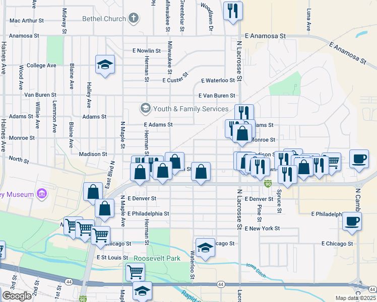 map of restaurants, bars, coffee shops, grocery stores, and more near 318 East Madison Street in Rapid City