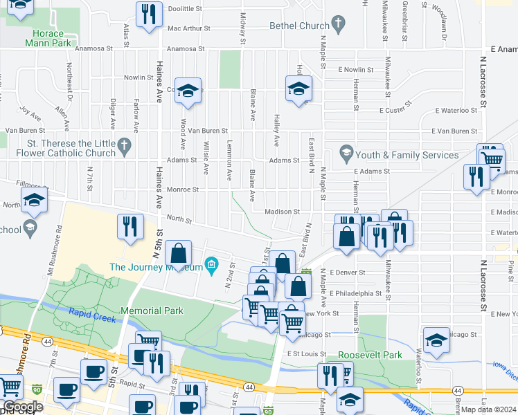 map of restaurants, bars, coffee shops, grocery stores, and more near 112 Madison Street in Rapid City