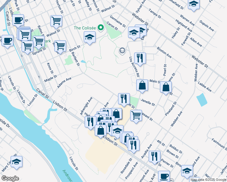 map of restaurants, bars, coffee shops, grocery stores, and more near 360 Bartlett Street in Lewiston