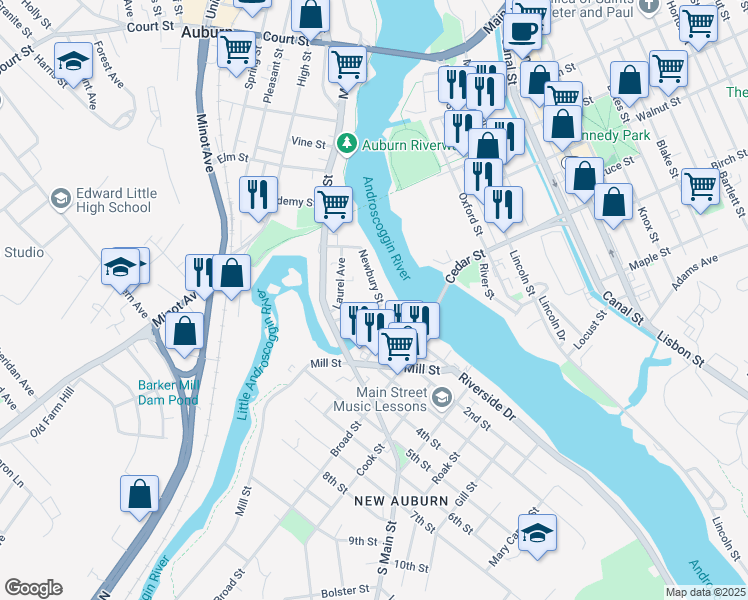 map of restaurants, bars, coffee shops, grocery stores, and more near 97 Newbury Street in Auburn