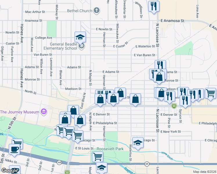 map of restaurants, bars, coffee shops, grocery stores, and more near 206 East Madison Street in Rapid City