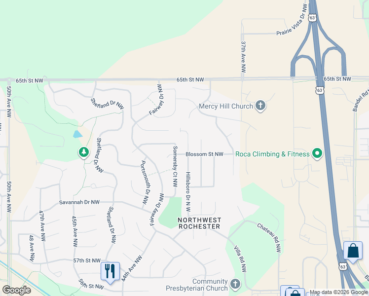 map of restaurants, bars, coffee shops, grocery stores, and more near 6182 Hillsboro Drive North West in Rochester
