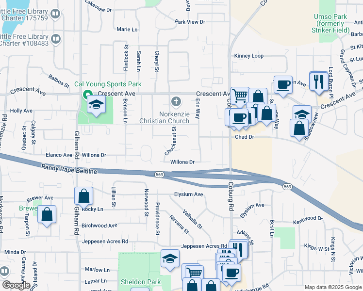 map of restaurants, bars, coffee shops, grocery stores, and more near 2545 Chuckanut Street in Eugene