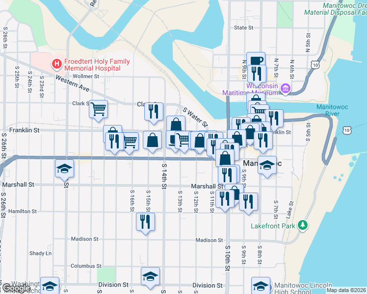 map of restaurants, bars, coffee shops, grocery stores, and more near 921 South 13th Street in Manitowoc