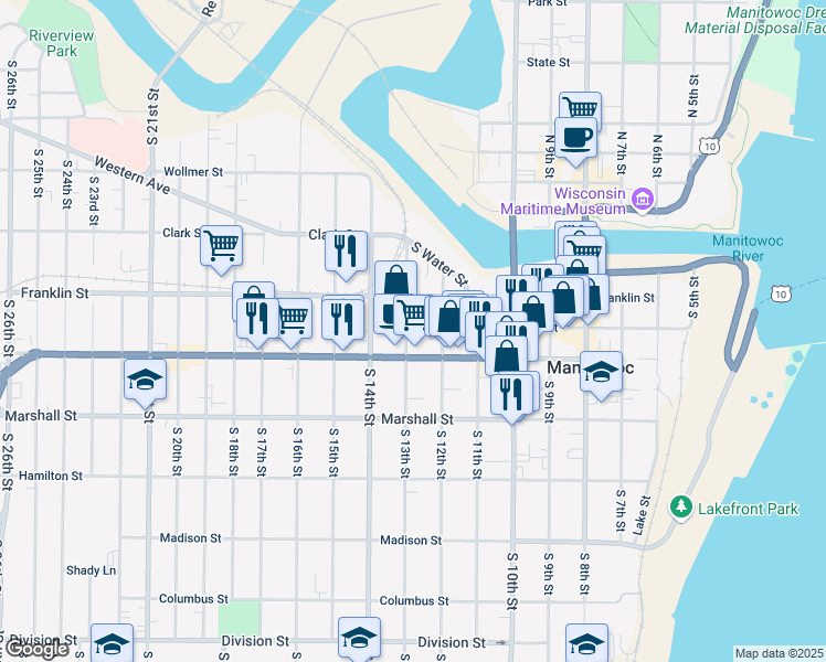 map of restaurants, bars, coffee shops, grocery stores, and more near 921 South 13th Street in Manitowoc