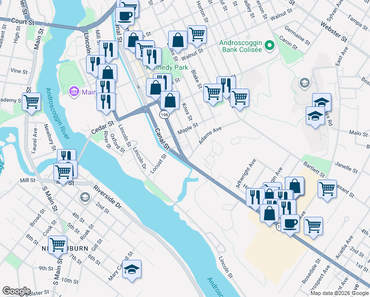 map of restaurants, bars, coffee shops, grocery stores, and more near 520 Lisbon Street in Lewiston