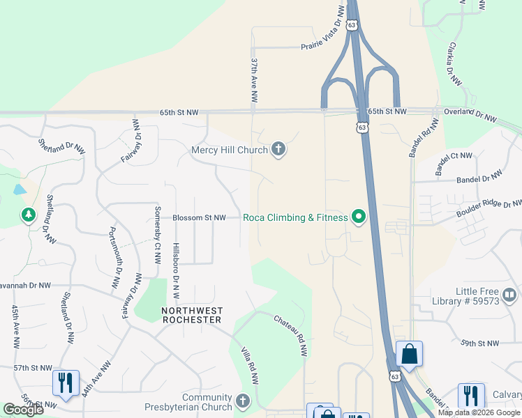 map of restaurants, bars, coffee shops, grocery stores, and more near 6180 Jonathan Drive Northwest in Rochester