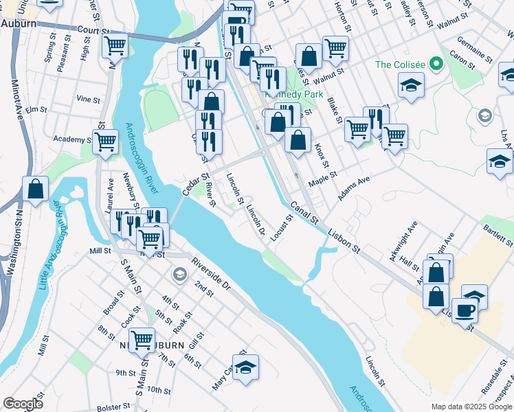 map of restaurants, bars, coffee shops, grocery stores, and more near 9 Lincoln Drive in Lewiston