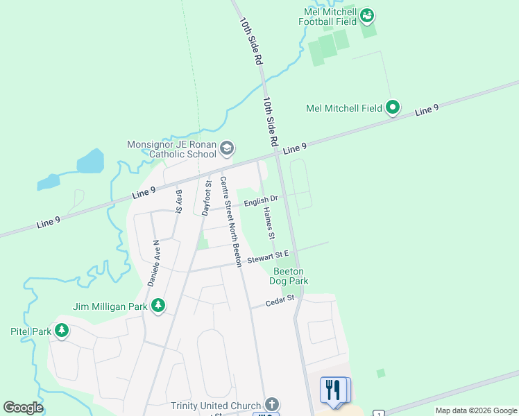 map of restaurants, bars, coffee shops, grocery stores, and more near 451 Haines Street in New Tecumseth