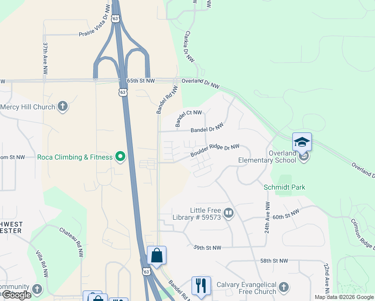 map of restaurants, bars, coffee shops, grocery stores, and more near 6285 29th Avenue Northwest in Rochester
