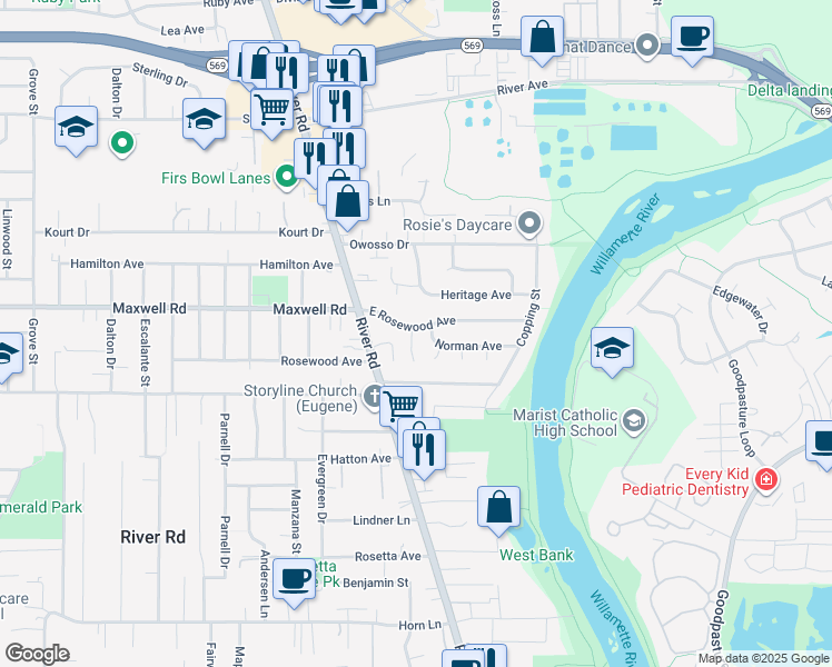 map of restaurants, bars, coffee shops, grocery stores, and more near 154 Norman Avenue in Eugene