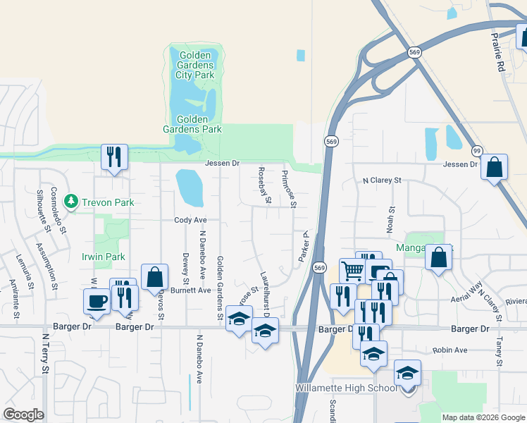 map of restaurants, bars, coffee shops, grocery stores, and more near 2484 Melrose Loop in Eugene