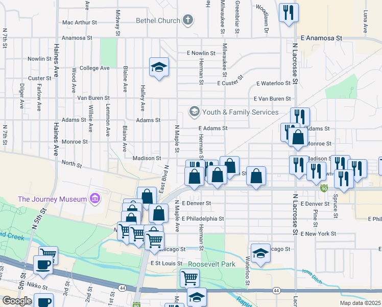 map of restaurants, bars, coffee shops, grocery stores, and more near 112 East Madison Street in Rapid City