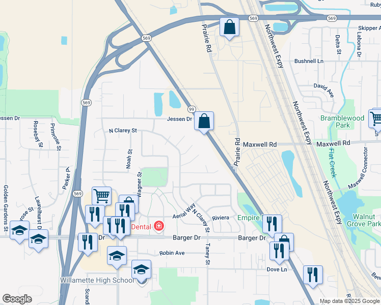 map of restaurants, bars, coffee shops, grocery stores, and more near 3979 North Clarey Street in Eugene