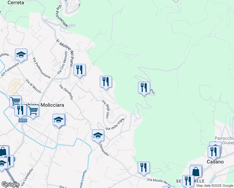 map of restaurants, bars, coffee shops, grocery stores, and more near 35 Via degli Ulivi in Colombiera-molicciara