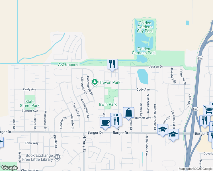 map of restaurants, bars, coffee shops, grocery stores, and more near 2365 West Irwin Way in Eugene