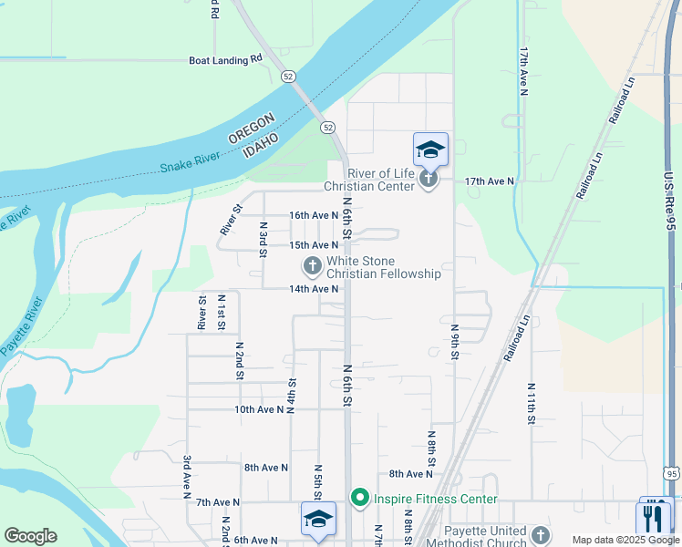 map of restaurants, bars, coffee shops, grocery stores, and more near 1405 North 6th Street in Payette