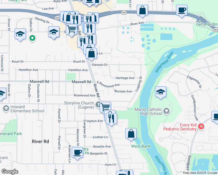 map of restaurants, bars, coffee shops, grocery stores, and more near 154 Norman Avenue in Eugene