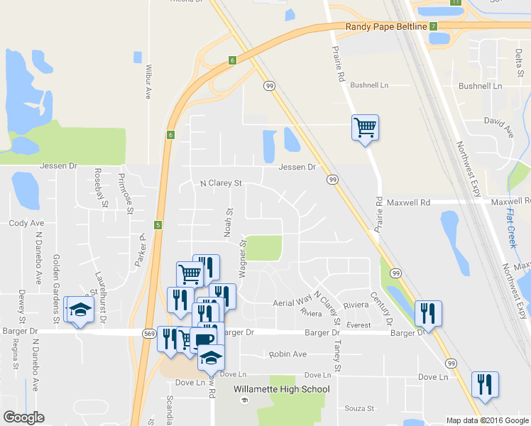 map of restaurants, bars, coffee shops, grocery stores, and more near 2520-2534 Mangan Street in Eugene