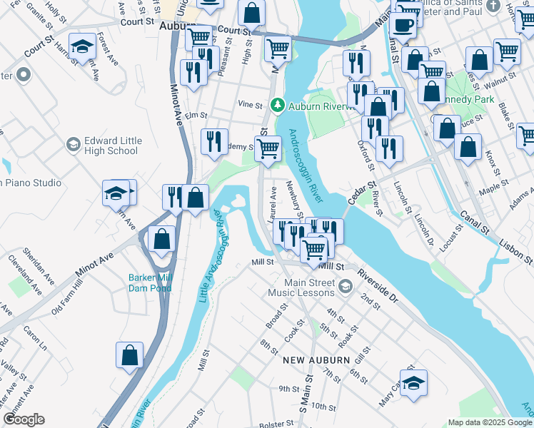 map of restaurants, bars, coffee shops, grocery stores, and more near 40 Laurel Avenue in Auburn