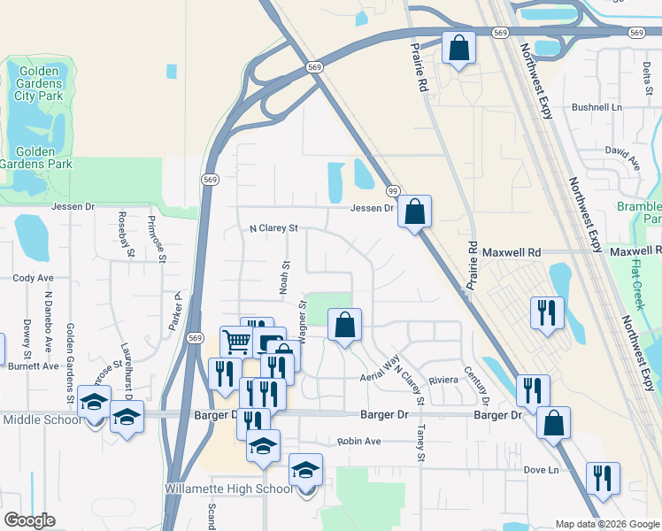 map of restaurants, bars, coffee shops, grocery stores, and more near 2521 Mangan Street in Eugene