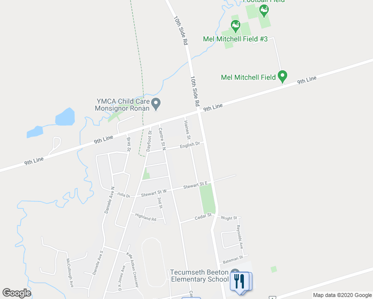 map of restaurants, bars, coffee shops, grocery stores, and more near 31 English Drive in New Tecumseth