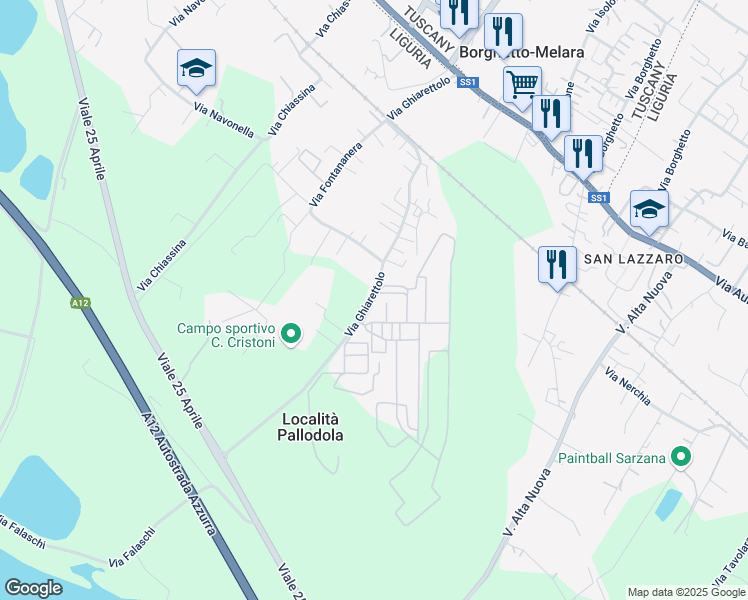 map of restaurants, bars, coffee shops, grocery stores, and more near 99 Via Ghiarettolo in Provincia della Spezia