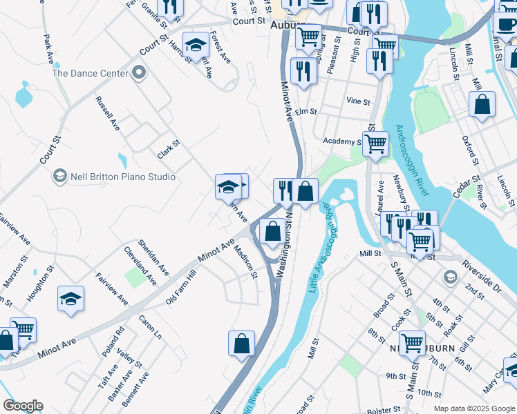map of restaurants, bars, coffee shops, grocery stores, and more near 251 Minot Avenue in Auburn