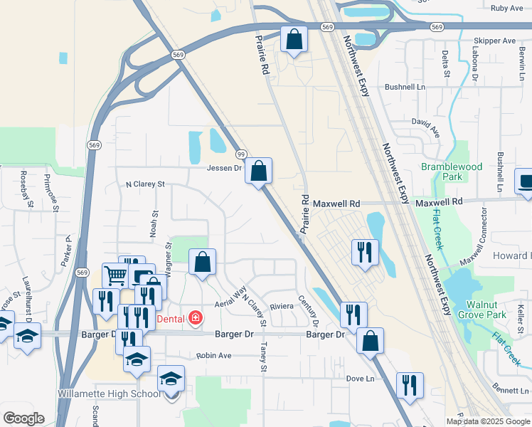 map of restaurants, bars, coffee shops, grocery stores, and more near 2100 State Highway 99 North in Eugene